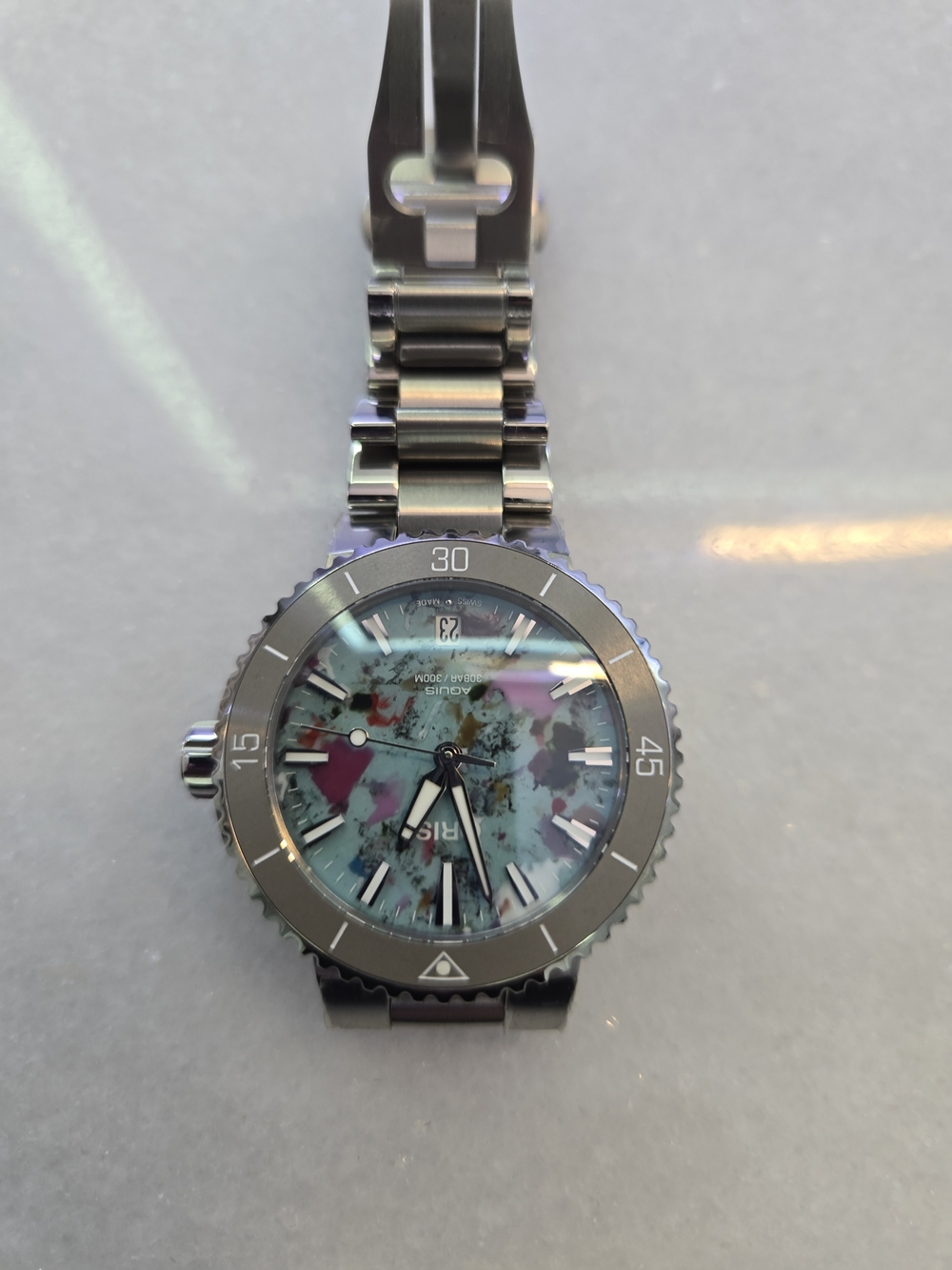 Oris Women's Stainless Steel Watch with Turquoise and Pink Marble Dial